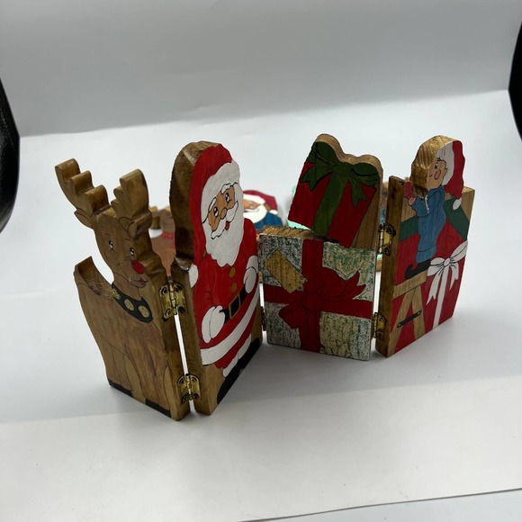 Vintage Handmade Wooden Folding Christmas Santa Mrs. Claus Reindeer Elf Decor - Picture 9 of 9
